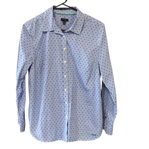 Talbots Blue Polka Dot Gingham Shirt Women M cotton fitted preppy office
